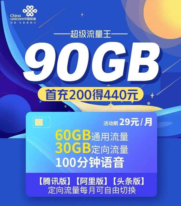 广东联通流量王套餐资费介绍29元/月享90G超大流量+100分钟通话 限时办理