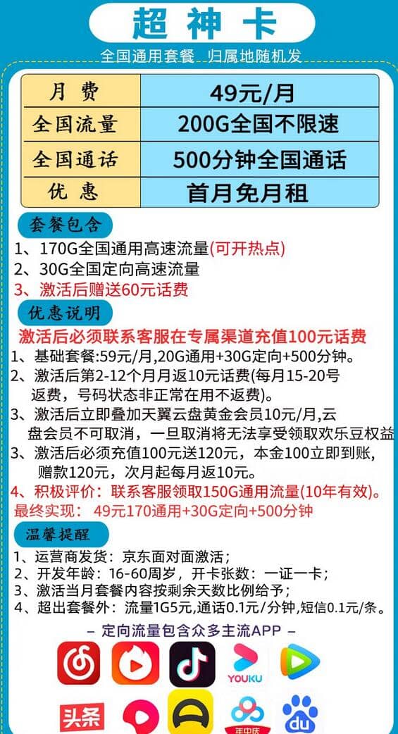 电信超神卡49元套餐介绍 