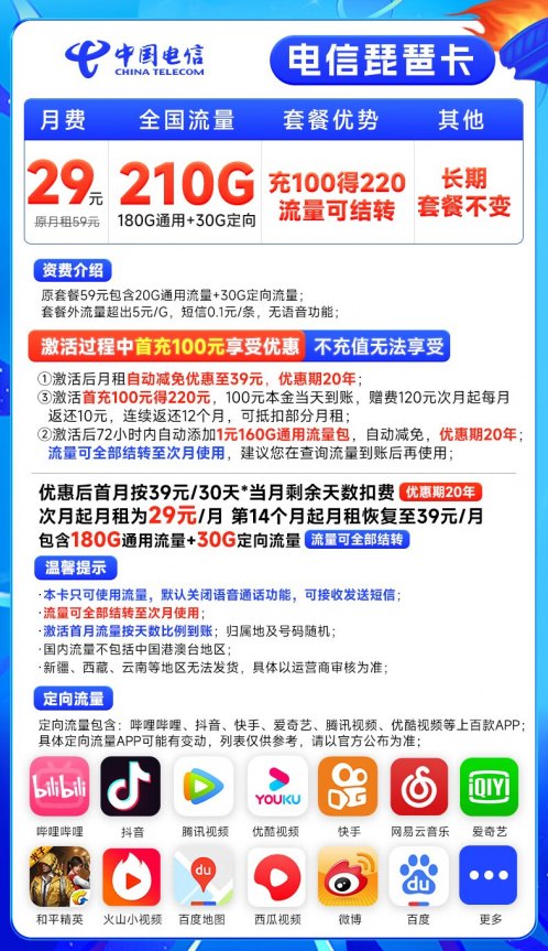 电信琵琶卡 29元210G流量（20年长期套餐、流量可结转）