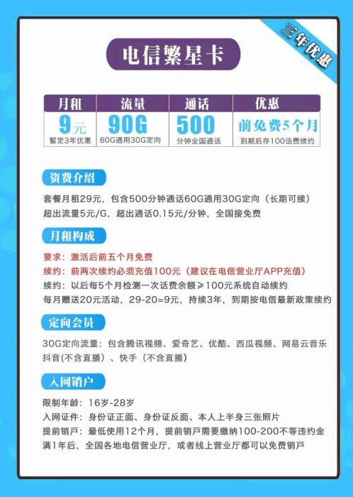 电信繁星卡：9元/月=60G通用+30G定向+500分钟通话+100条短信（电信政企套餐）