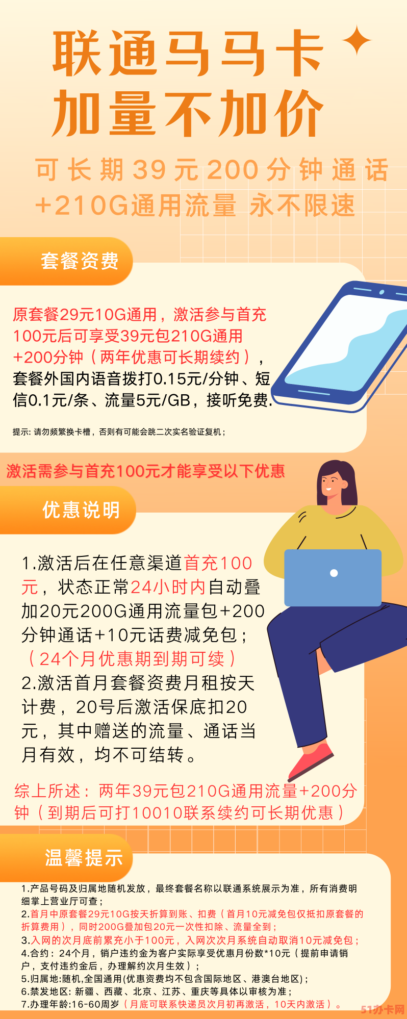 江苏联通马马卡套餐 39元包210G通用流量+200分钟通话 在线选号办理