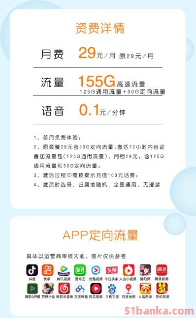 电信永久29元不限流套餐–小烧烤卡，每月155G流量，永久不限流量